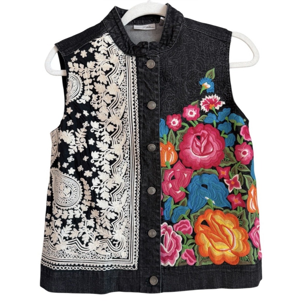 Chico's Black Denim Embroidered Vest Cottagecore Western Festival Boho Artsy S
